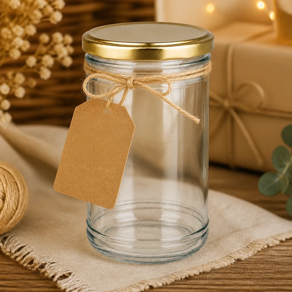 Vasos de 1053 ml decorados con tapa dorada BasicSeal y etiqueta de papel kraft como envase de regalo DIY