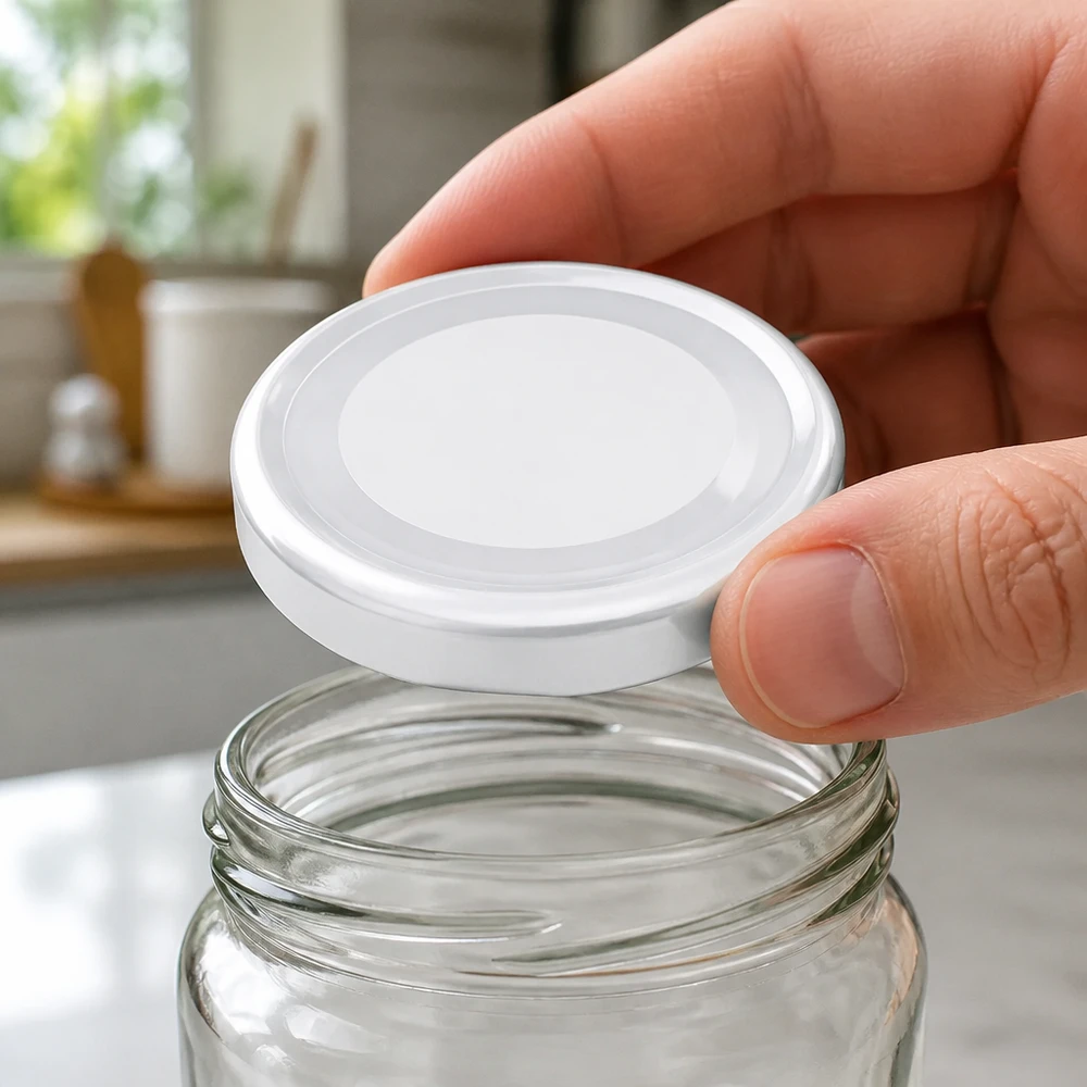 La tapa blanca de rosca de 48 mm (TO48) se coloca sobre el frasco de cristal vacío.
