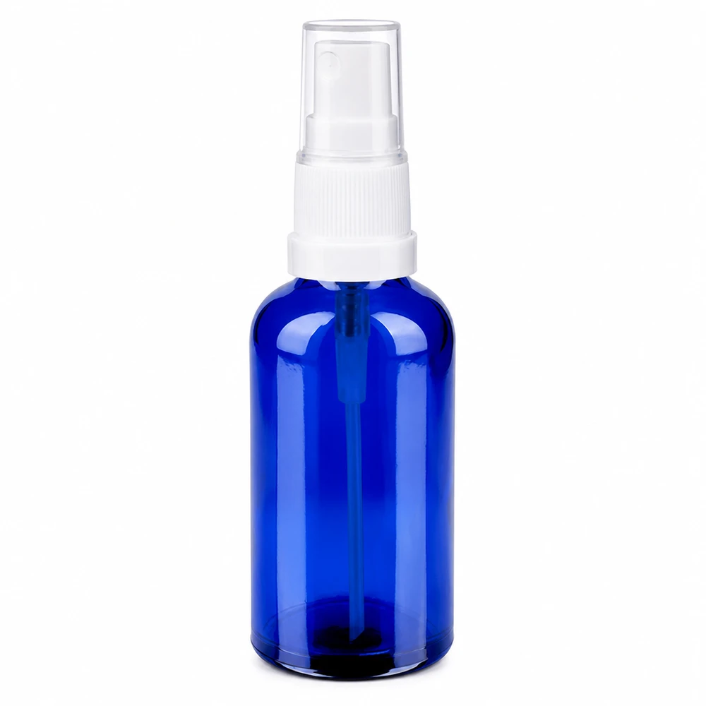 Frasco pulverizador 50ml blanco/transparente tapón estándar BlueLine UT18/50 Pulverizador de cristal azul de 50 ml con cabezal blanco para cosméticos y aceites esenciales