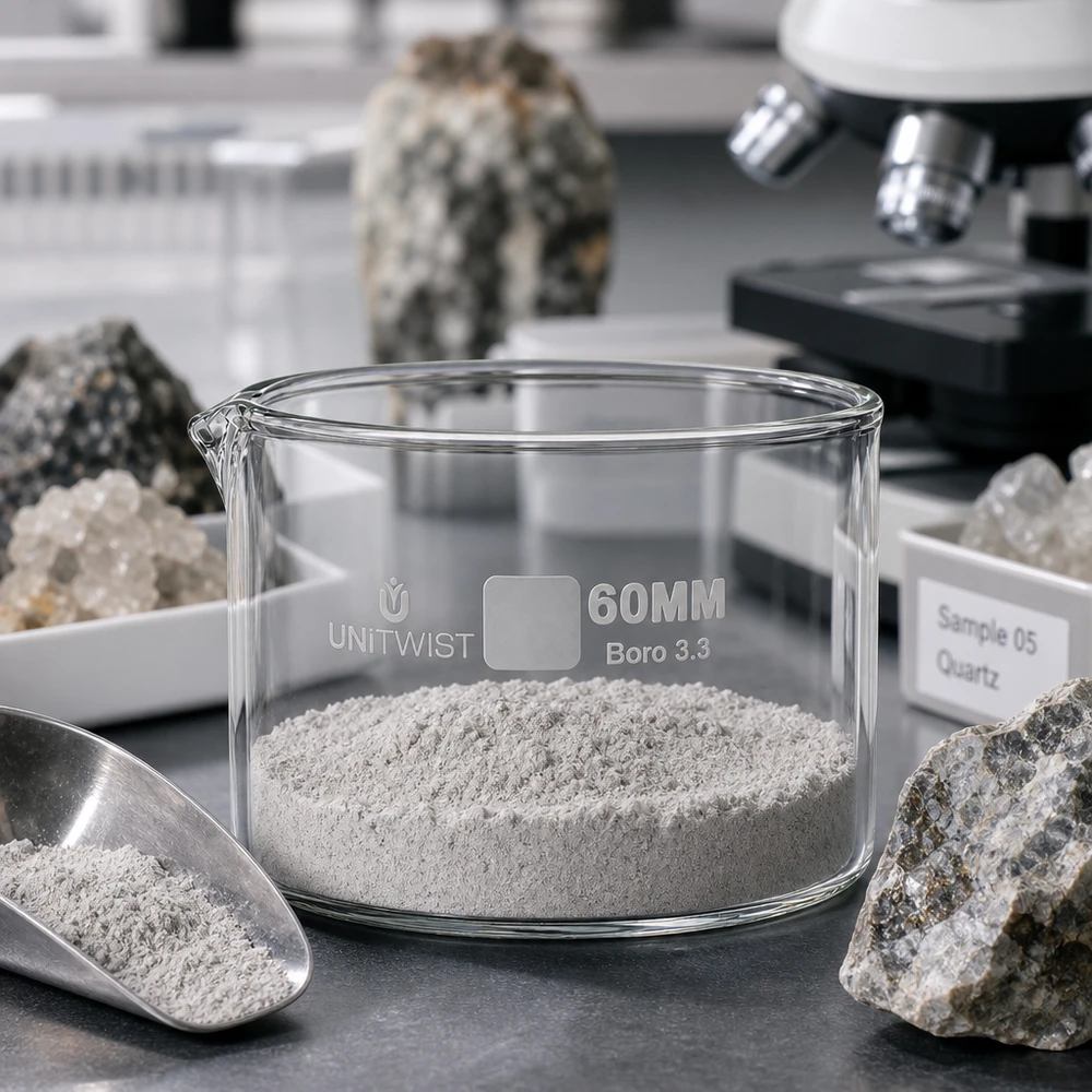 Cubeta de cristalización UNiTWIST de 60 mm con polvo mineral gris sobre una mesa de laboratorio, rodeada de muestras de roca
