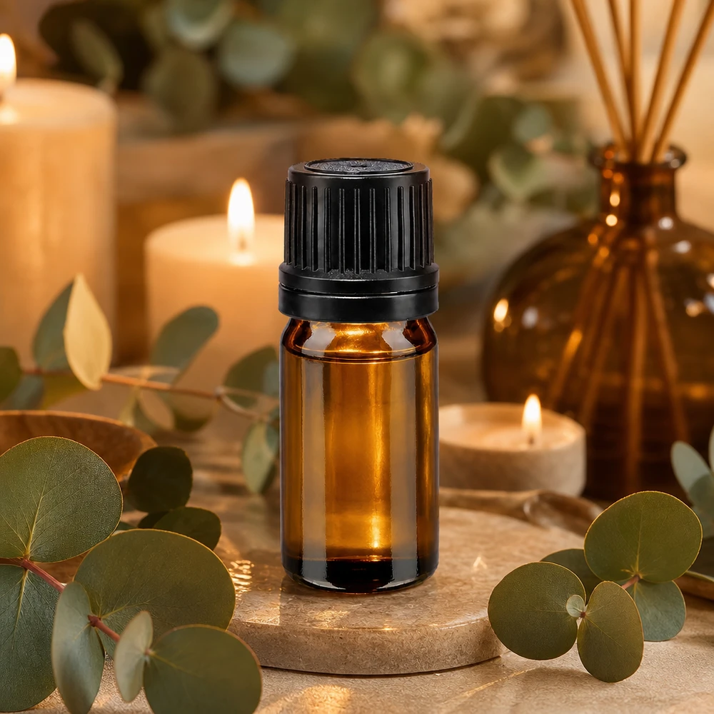 Pequeño frasco de vidrio ámbar de 5 ml con tapón de seguridad negro para aceites esenciales