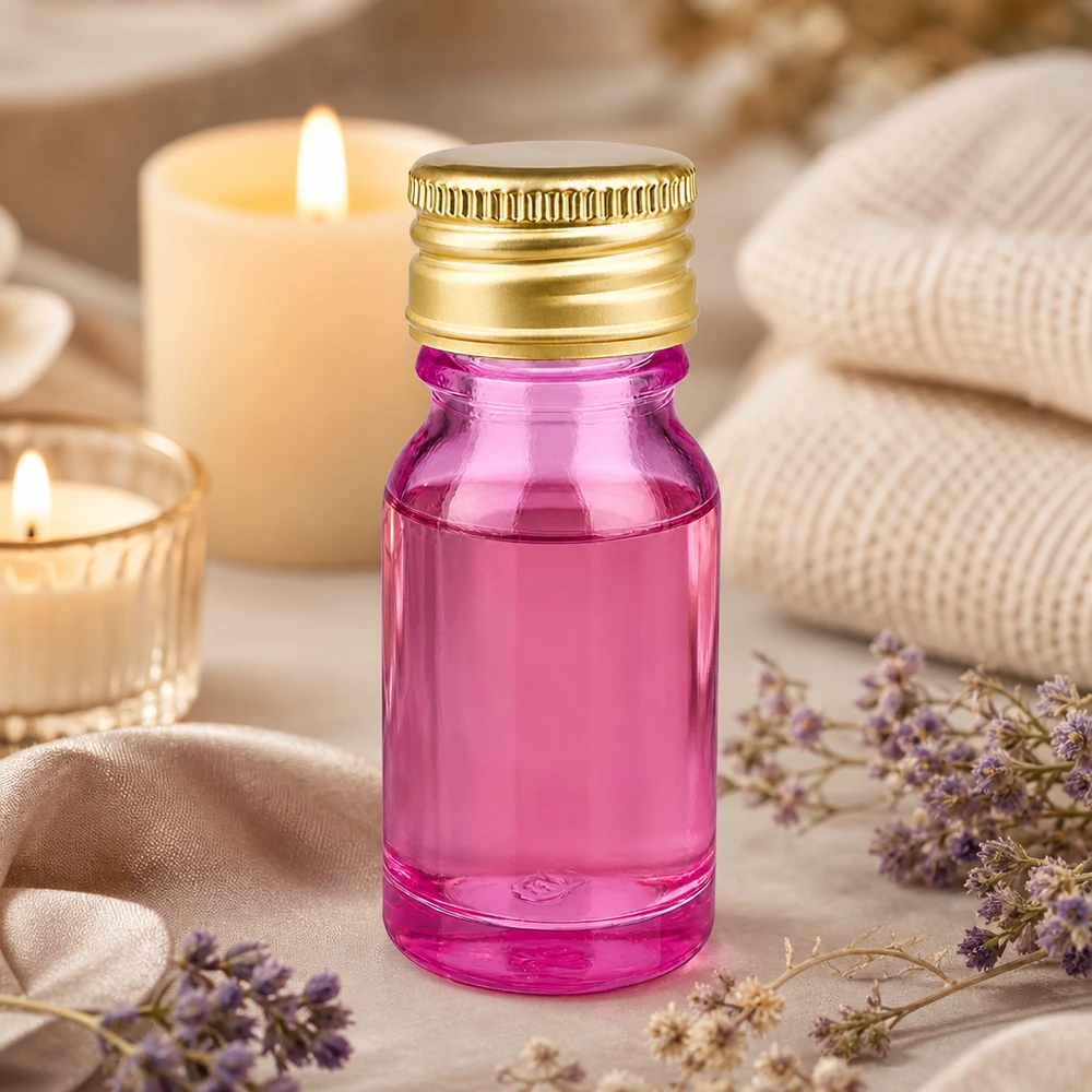 Frasco de 10ml 11mm tapón de rosca aluminio oro estándar PurpleLine. UT18/10 Frasco de 10 ml de alta calidad con tapón dorado texturizado y vidrio morado para productos cosméticos de primera calidad