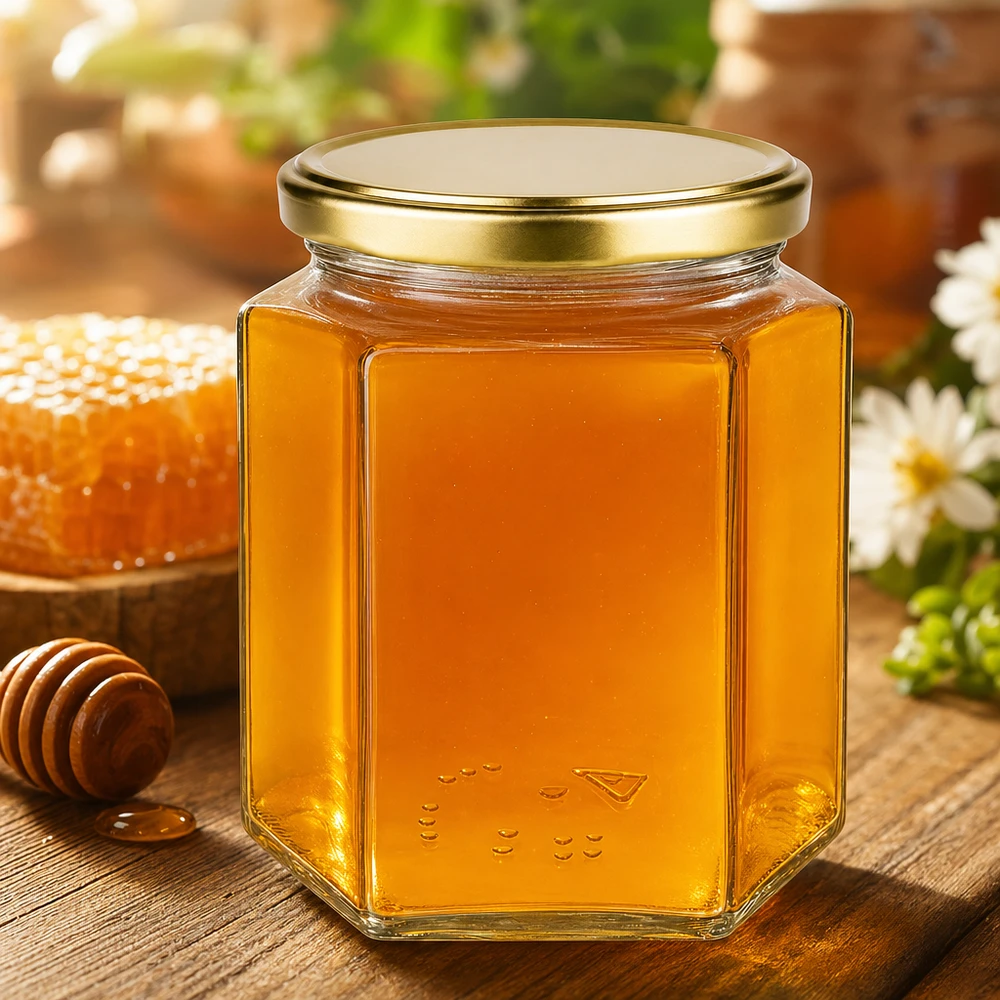 Tarro para miel de 500 g con tapa dorada BasicSeal UNiTWIST 500g Honigglas BasicSeal mit goldenem Deckel gefüllt mit Honig neben Bienenwabe und Honiglöffel auf Holztisch