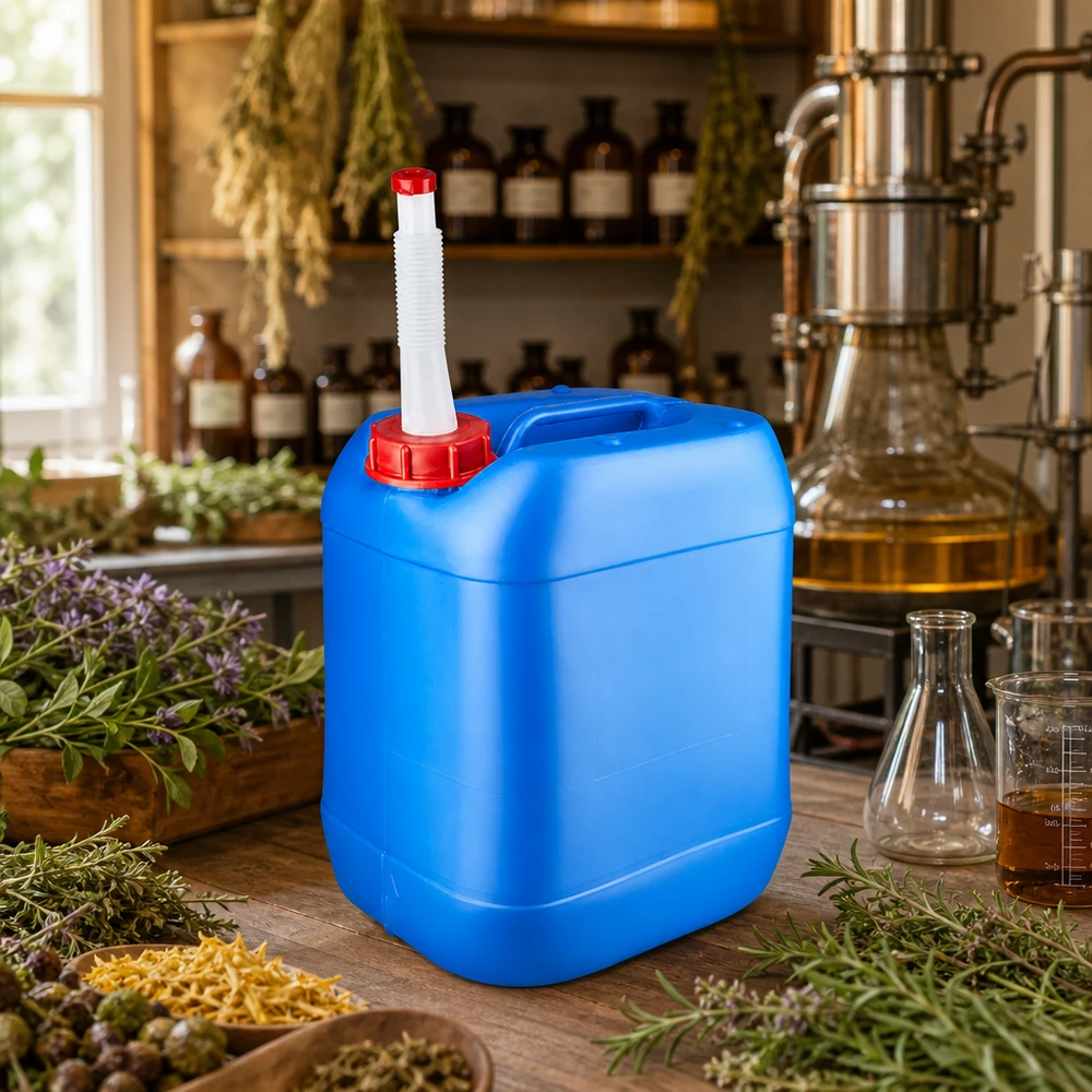 Bidón portátil azul de 20 litros con pico vertedor flexible para aceites de hierbas y extractos naturales