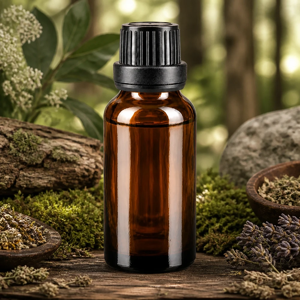 Pequeño frasco de cristal ámbar de 20 ml con tapón cuentagotas negro, sobre un fondo de musgo y hierbas en un entorno forestal