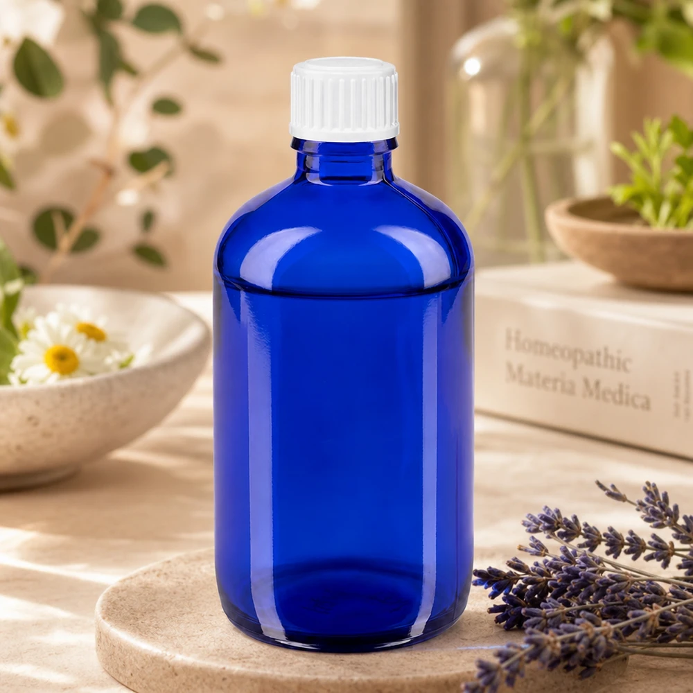 Botella de farmacia azul 100ml tapón rosca blanco estándar Botella de cristal azul de 100 ml con tapón blanco junto a lavanda y un libro de homeopatía
