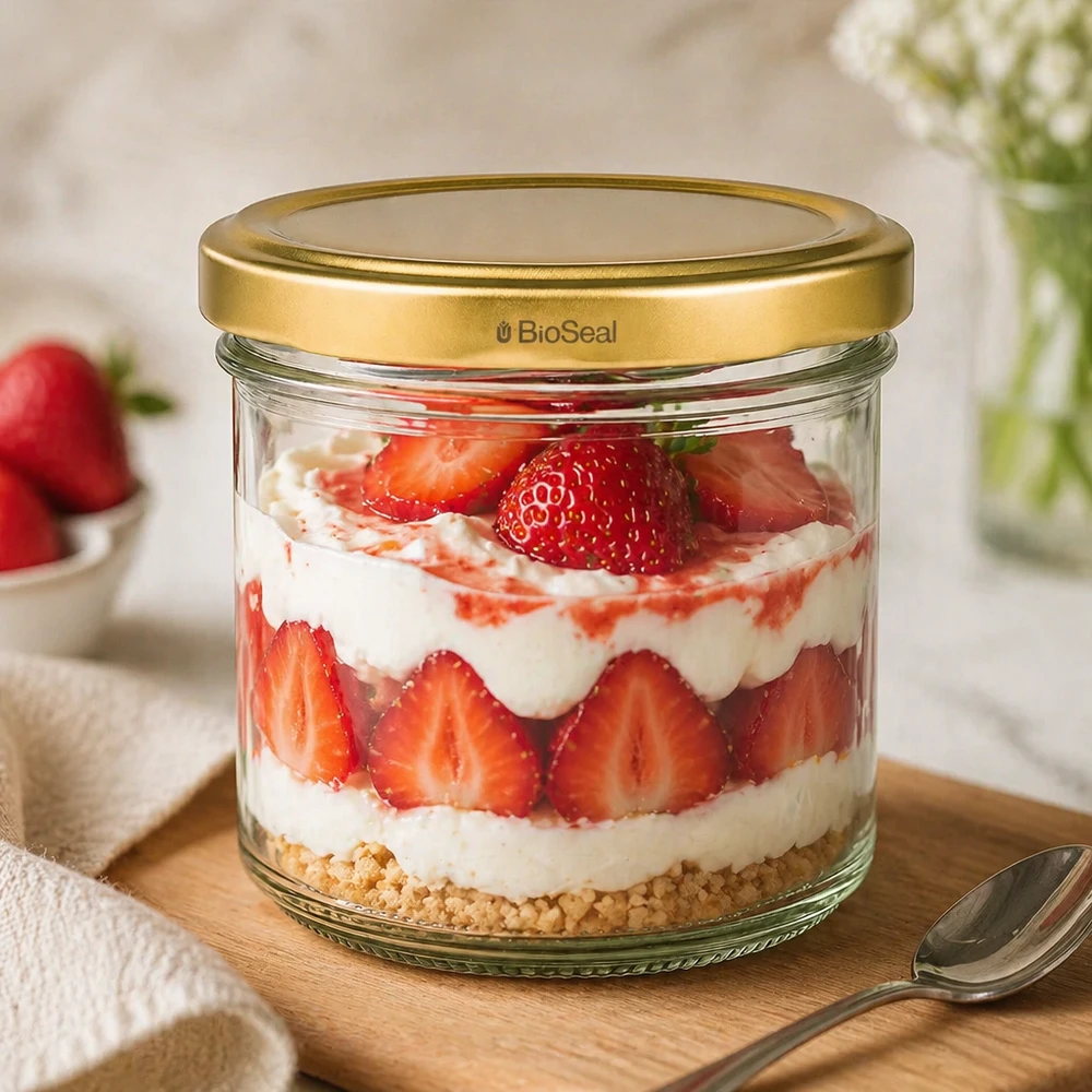 Vasos de 125ml con tapa dorada UNiTWIST BioSeal UNiTWIST Tarro de postre de 125 ml con trifle de fresa - tapa TO66 dorada sobre tabla de madera con cuchara y decoración