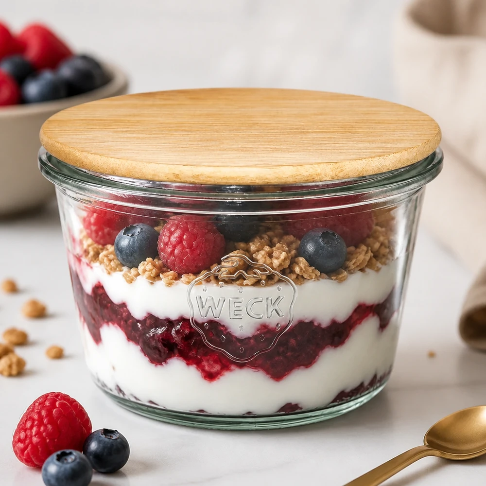 Vaso de 370ml WECK RR100 con tapa de madera WECK RR100 vasos 370ml con tapa de bambú rellenos de postre muesli de bayas en capas - yogur granola frambuesas