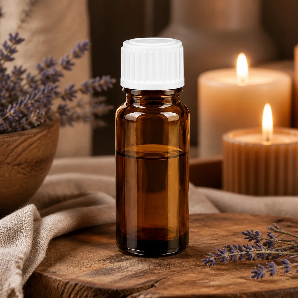 Botella de farmacia marrón 10ml tapón cuentagotas blanco 0.8mm estándar Pequeña botella marrón de 10 ml con gotero blanco sobre madera rústica, con lavanda y a la luz de las velas