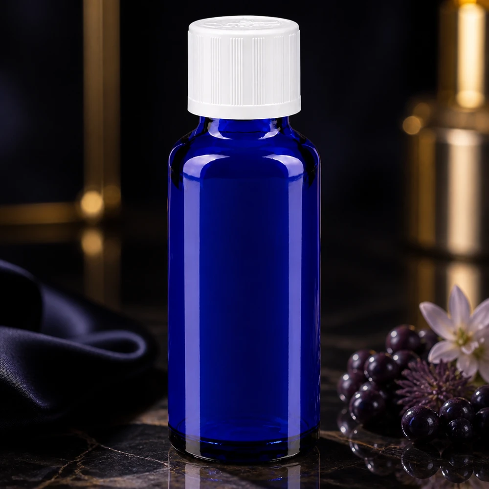 Botella de farmacia azul 30ml tapón de rosca blanco a prueba de niños estándar Frasco de farmacia de 30 ml en azul cobalto con tapón de seguridad para niños blanco sobre fondo de mármol