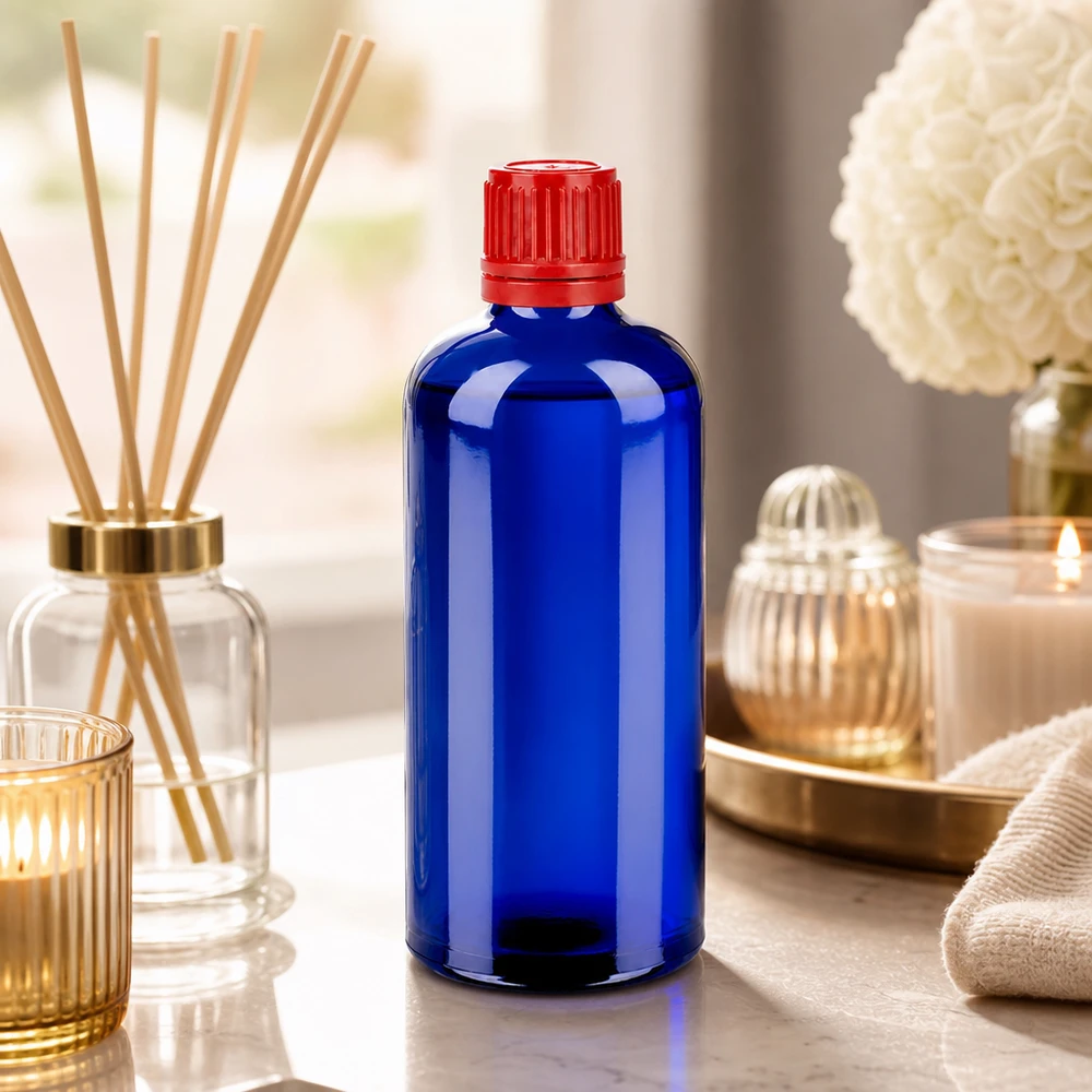Frasco boticario pequeño de 100 ml de vidrio azul oscuro con tapón de seguridad rojo para gotas