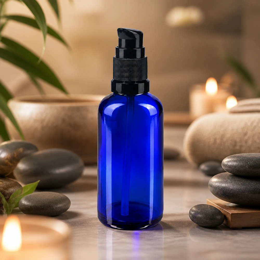Frasco de farmacia de 50 ml con dosificador de bomba, de color azul y con cabezal dosificador negro, para productos cosméticos