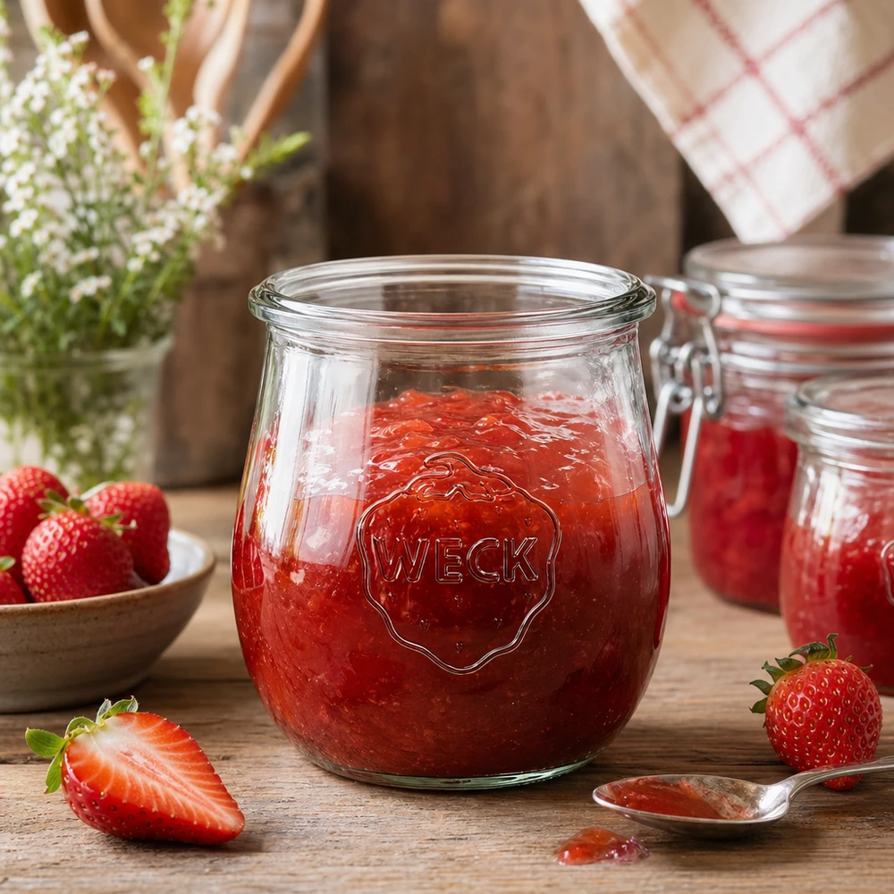 Tarro tulipa 220ml WECK RR60 Tarro tulipán WECK 220ml RR60 lleno de mermelada de fresa roja sobre una mesa de madera rústica con fresas frescas