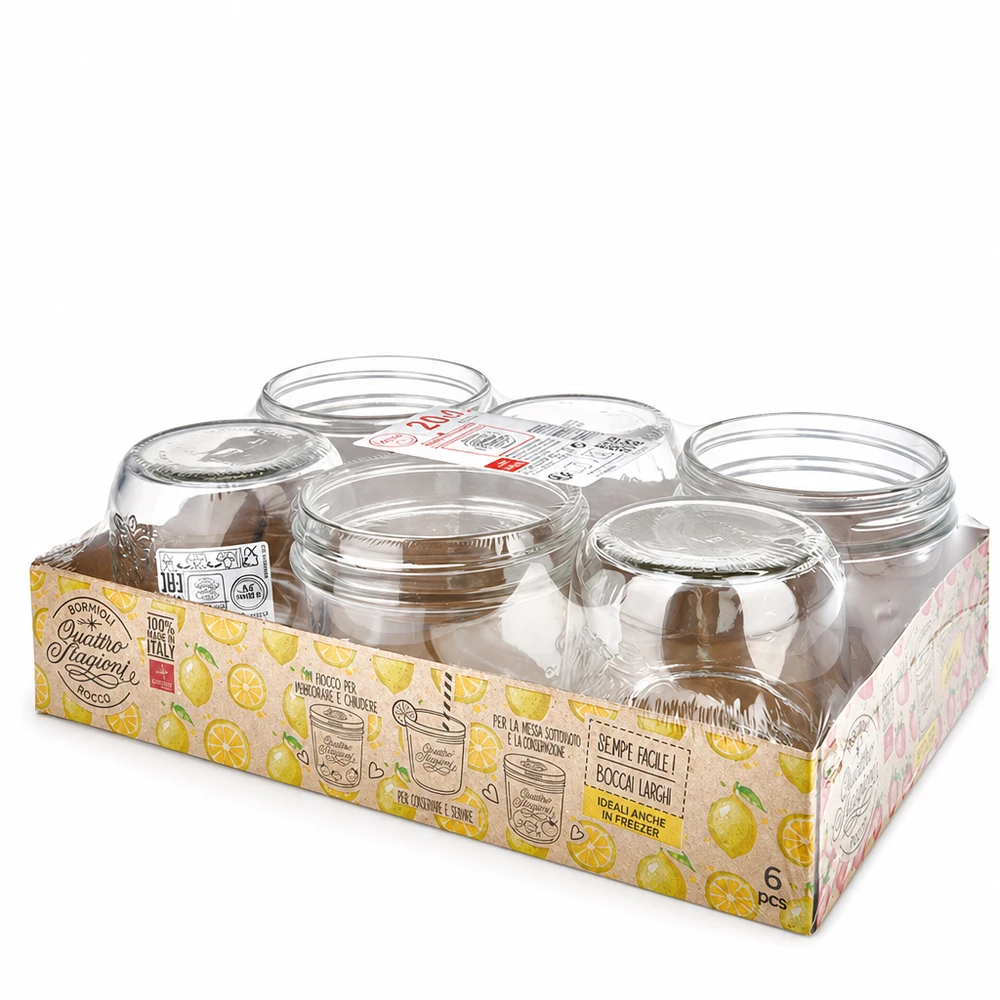Vasos "Quattro Stagioni" de 200 ml con tapa Tarro de cristal de 200 ml Quattro Stagioni con tapa Juego de 6 tarros de conserva italianos en envase amarillo