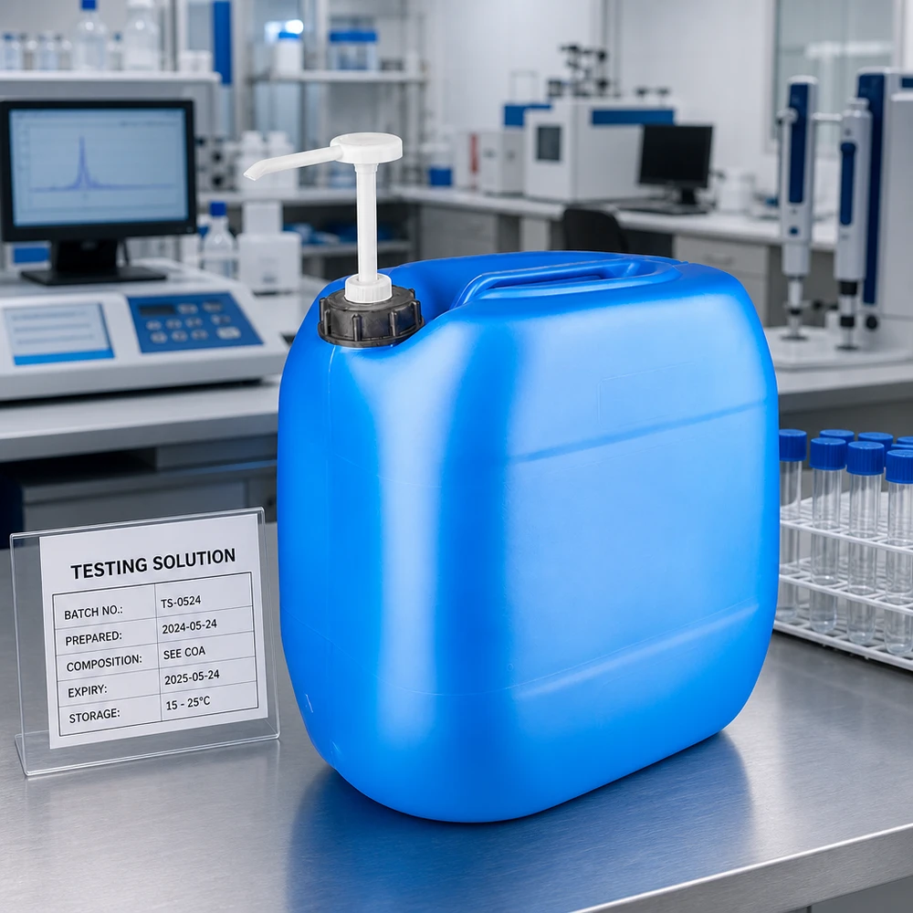 Bidón azul de 30 litros con bomba dosificadora sobre una mesa de laboratorio de acero inoxidable, junto a unos tubos de ensayo