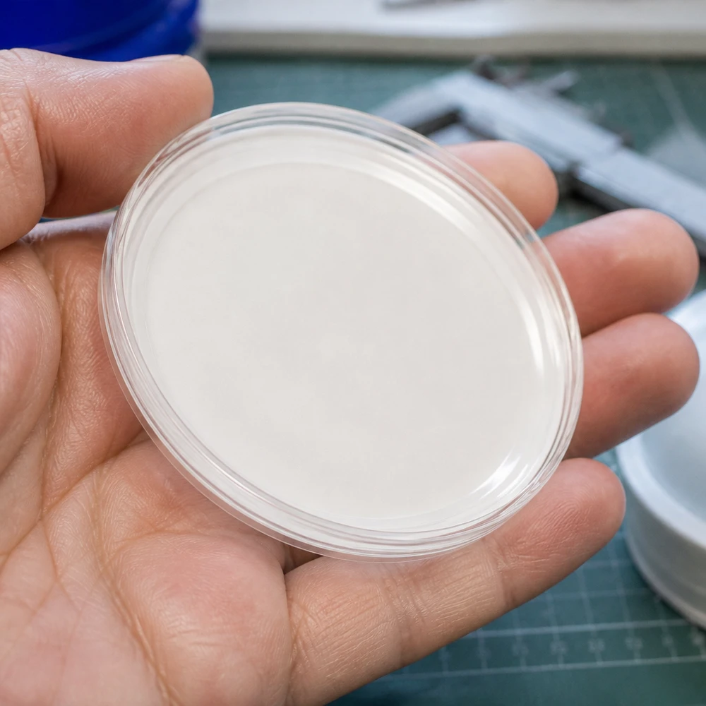 Primer plano de una tapa BasicSeal de 70 mm, blanca, modelo TO70 UNiTWIST, con borde de plástico transparente, sobre la palma de la mano