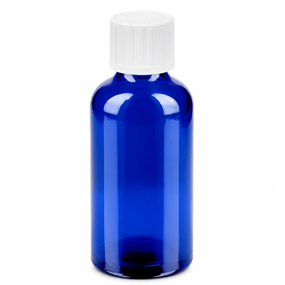Frasco de cristal azul de 50 ml con tapón de rosca blanco para aceites esenciales y cosméticos