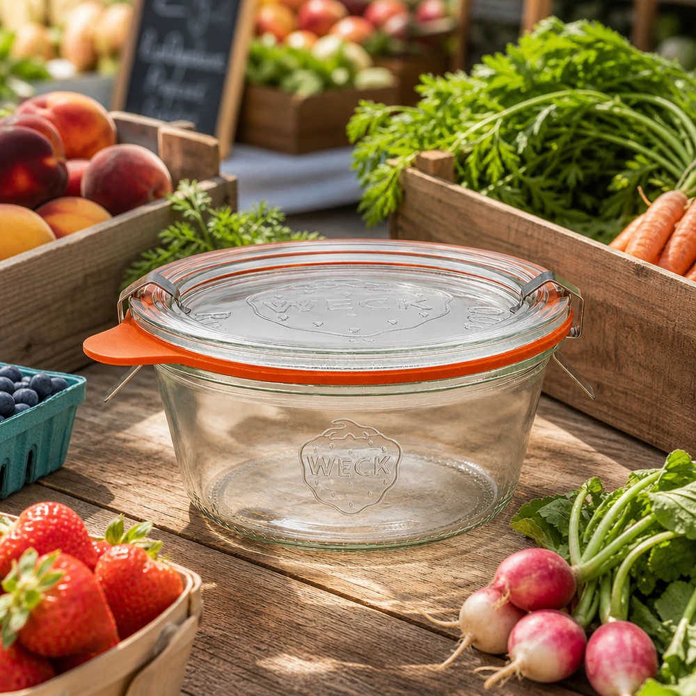 Vasos WECK 290ml RR100 con anillo de goma naranja entre verduras frescas de mercado Fruta para conserva