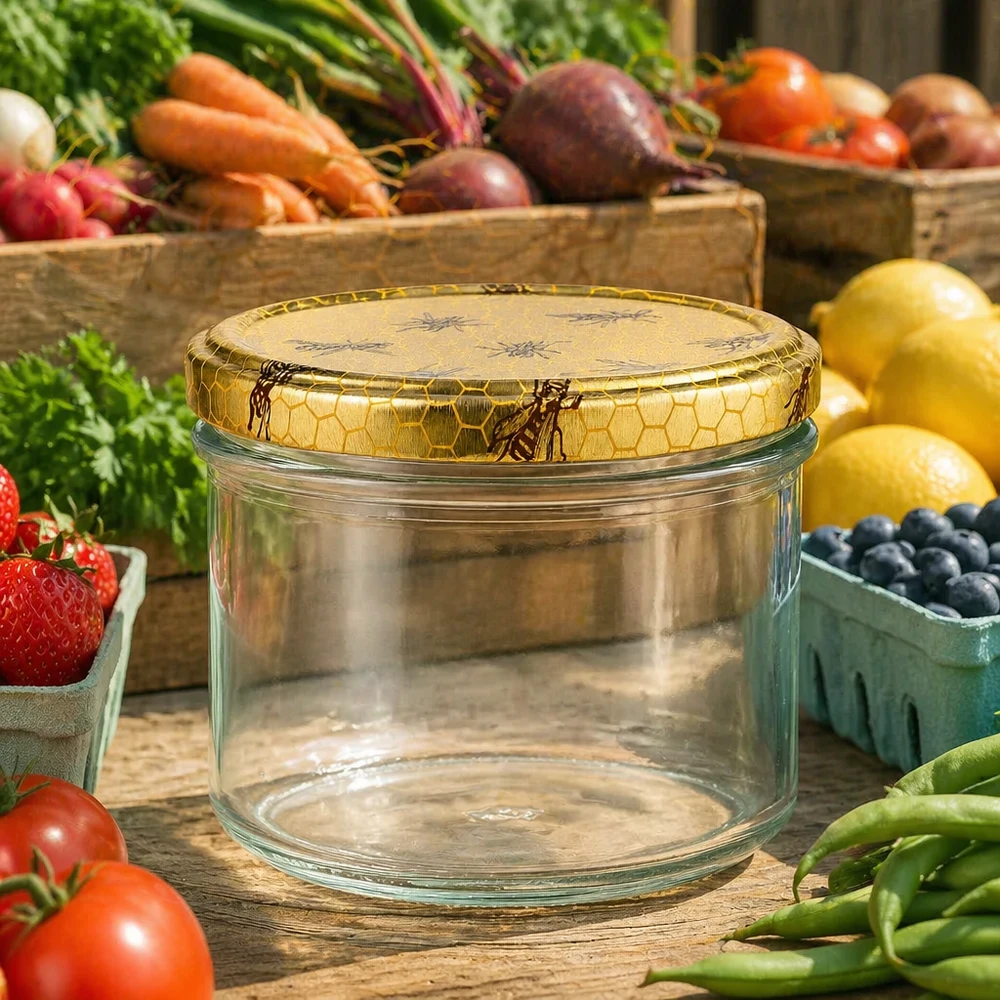 Tarro para miel de 250 g con tapa con diseño de panal BasicSeal UNiTWIST Tarro de miel de 250 g con tapa de panal rodeado de verduras frescas, frutas y bayas en una mesa rústica de madera