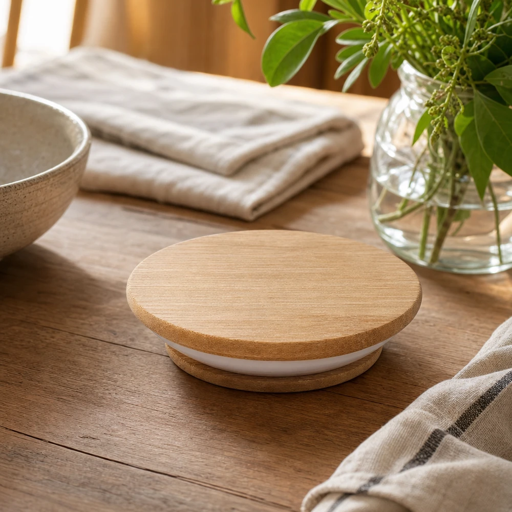 Tapa de madera (haya) sin impresión para WECK RR80 WECK tapa de madera versión RR80 Una toma de Lifestyle sobre mesa de madera con decoración muestra la integración natural en el entorno vital