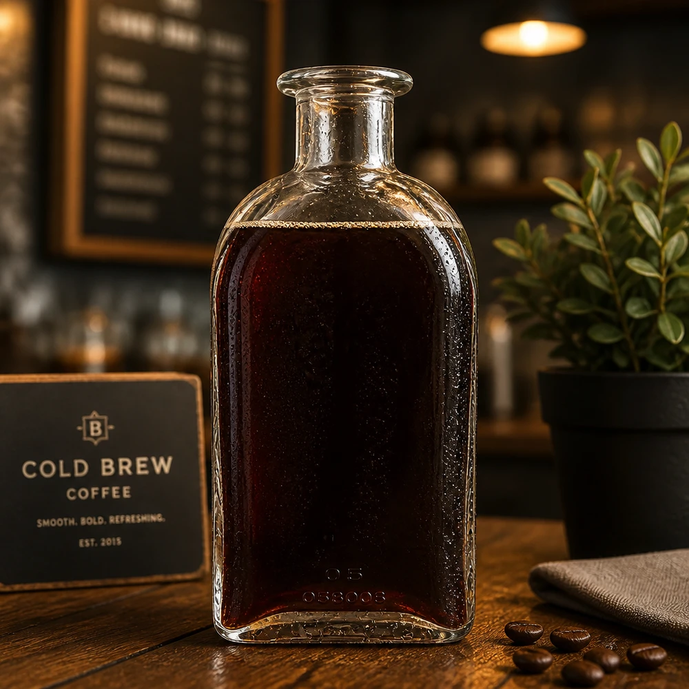 Botella de cristal Julia de 500 ml llena de café cold brew en ambiente de cafetería con granos de café y elegante presentación