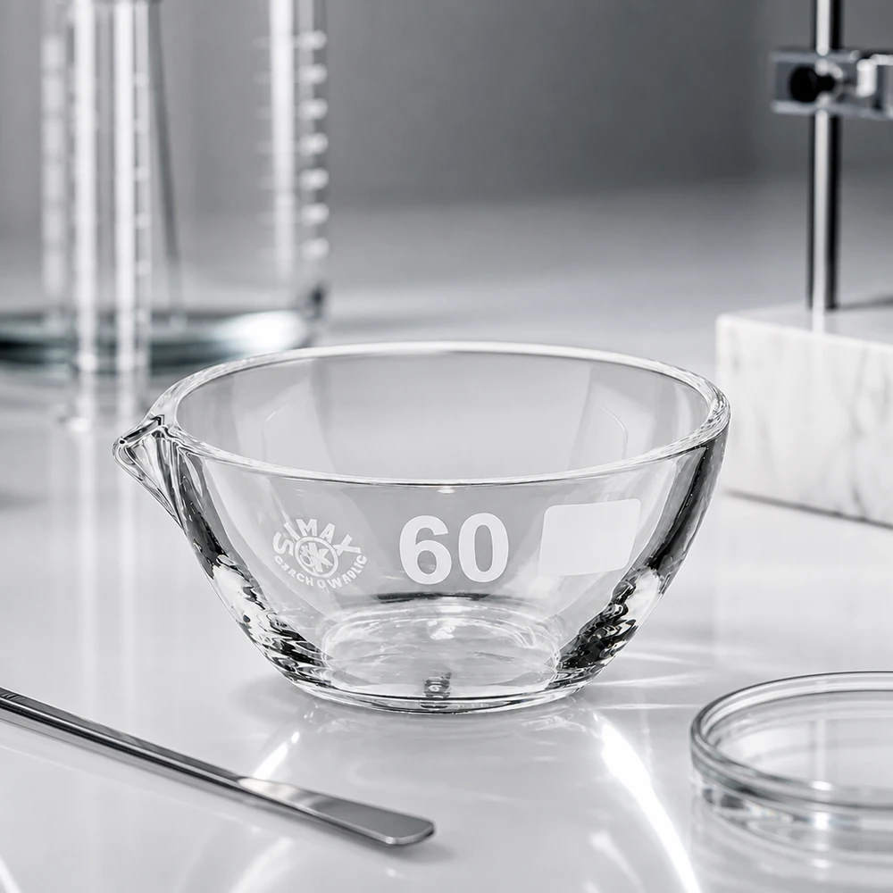 Pequeña cápsula de evaporación de borosilicato de 45 ml con pico, ideal para microanálisis y dosificación precisa