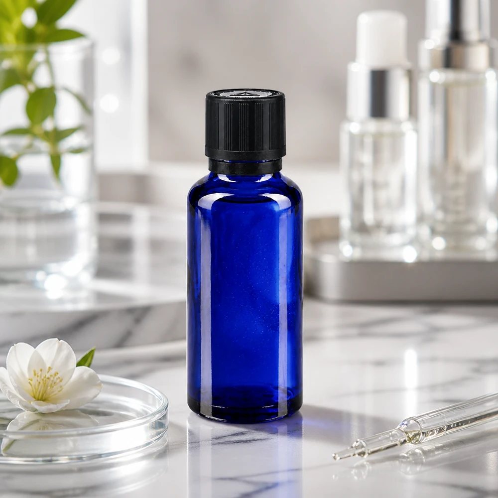 Frasco de cristal azul de 30 ml con tapón KiSi sobre mármol, junto a una pipeta y una flor blanca