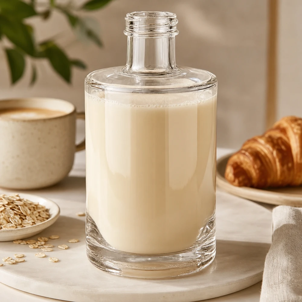 Botella de vidrio de 375 ml «Sam» sin tapón de rosca UNiTWIST® Botella de cristal de 375 ml de Sam rellena de cremosa leche de avena dispuesta junto a un cruasán y una taza de café sobre una tabla de madera
