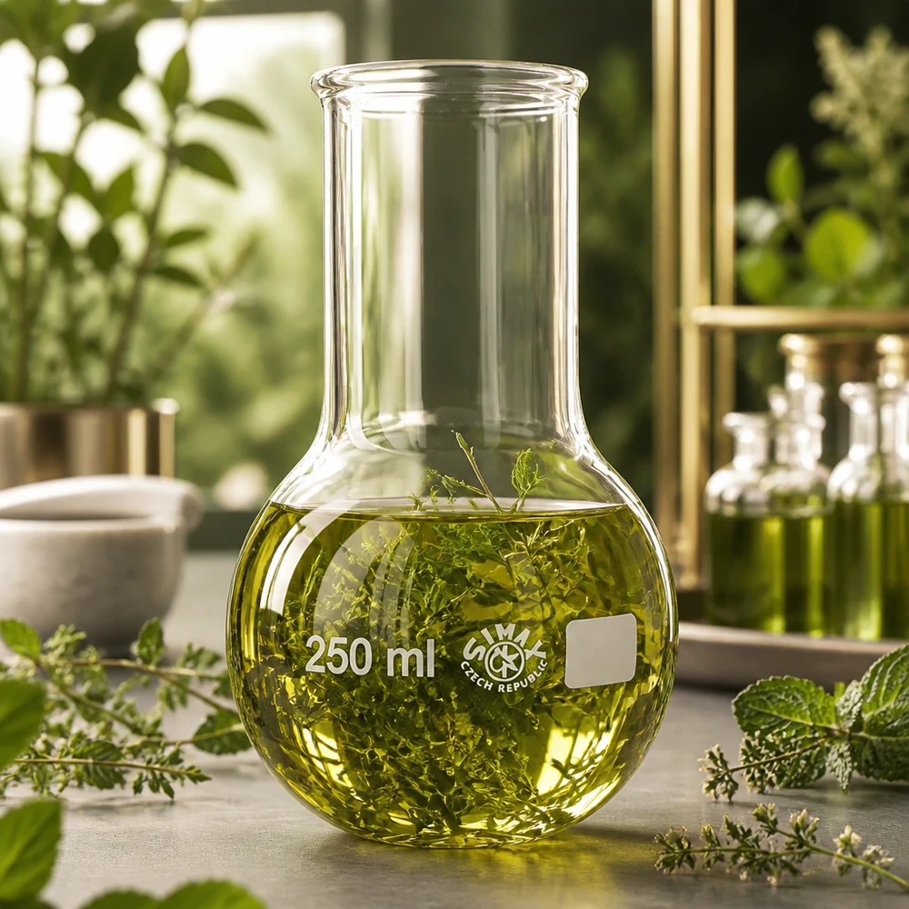 Matraz de fondo redondo transparente de 250 ml y cuello ancho para destilación y extracción de sustancias vegetales