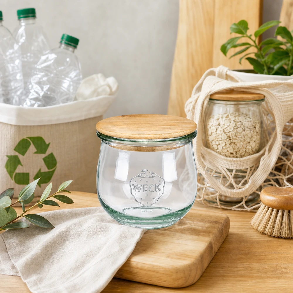 Tarro tulipa 370ml WECK RR80 con tapa de madera WECK tarro tulipán 370ml RR80 con tapa de madera en cocina sostenible de residuo cero con utensilios reciclados y decoración natural