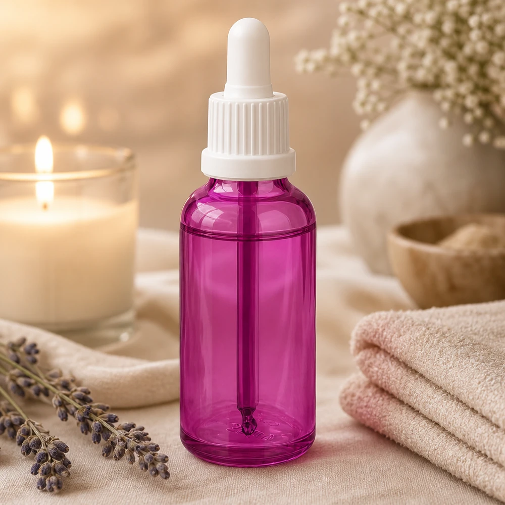 Frasco pipeta 30ml tapón rosca originalidad blanco PurpleLine UT18/30 Frasco pipeta PurpleLine de 30 ml de alta calidad en color púrpura para sueros y aceites en la zona de spa