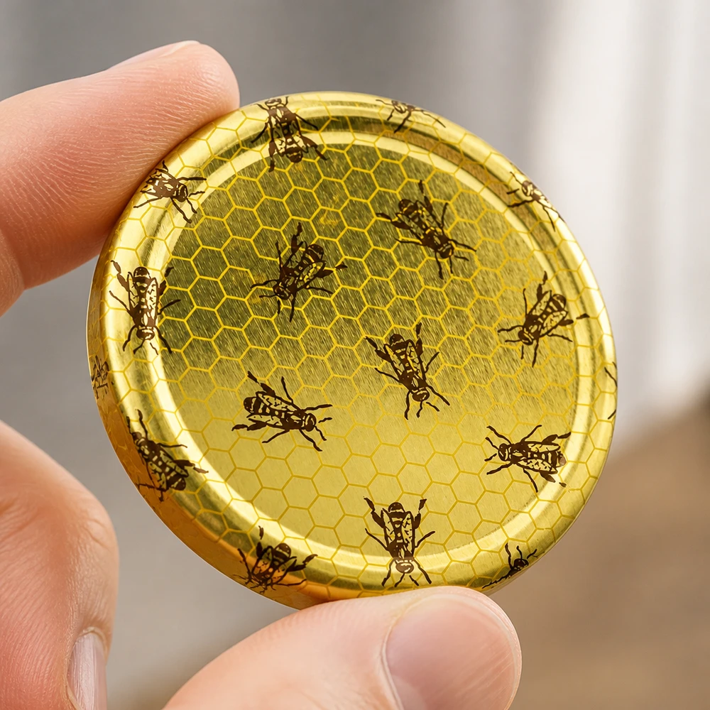 Tapa BasicSeal de 82 mm con diseño de panal de abeja (TO82) UNiTWIST Primer plano de la tapa UNiTWIST de 82 mm con un detallado relieve en forma de panal de abeja y un motivo de abeja en dorado