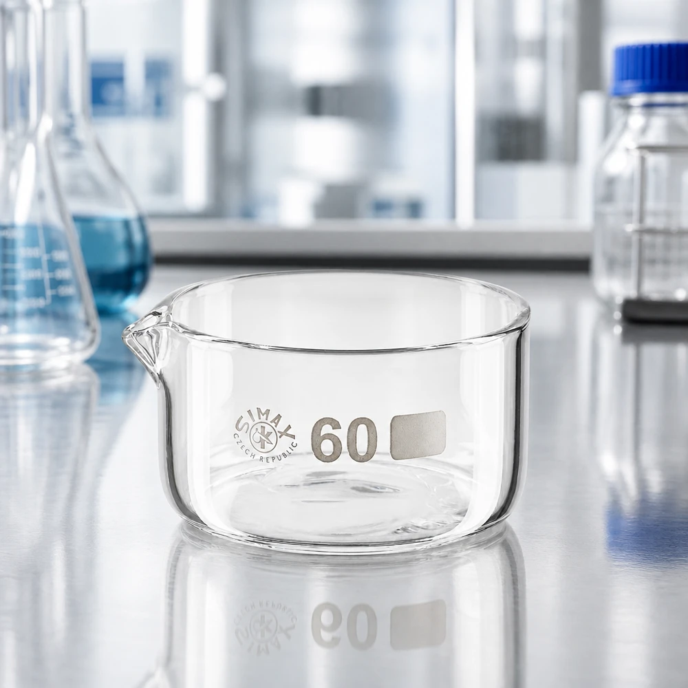Cubeta de vidrio de 60 ml, cubeta de cristalización de fondo plano, con pico vertedor, material de laboratorio, cubeta de evaporación Simax