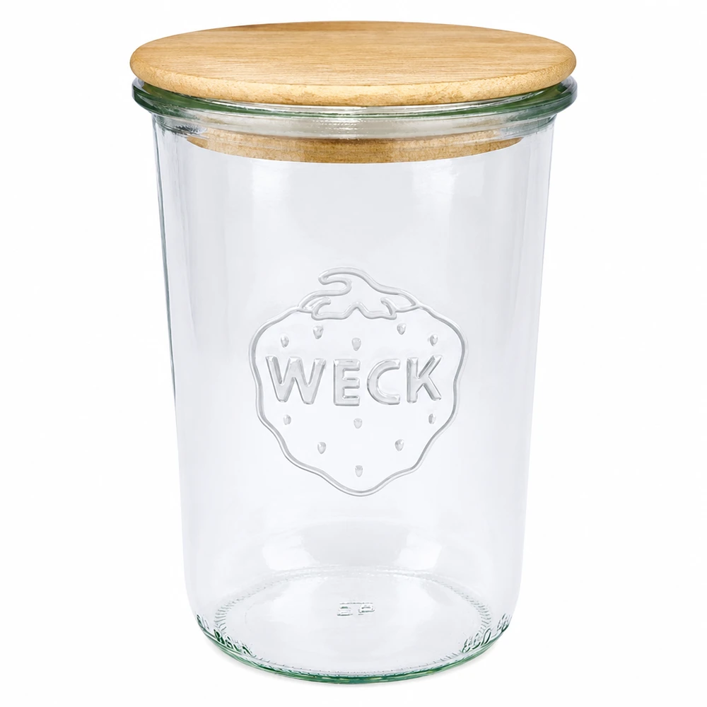 Vasos WECK RR100 850ml con tapa de madera WECK tarro de 850ml RR100 con tapa de madera Tarro transparente con logo WECK