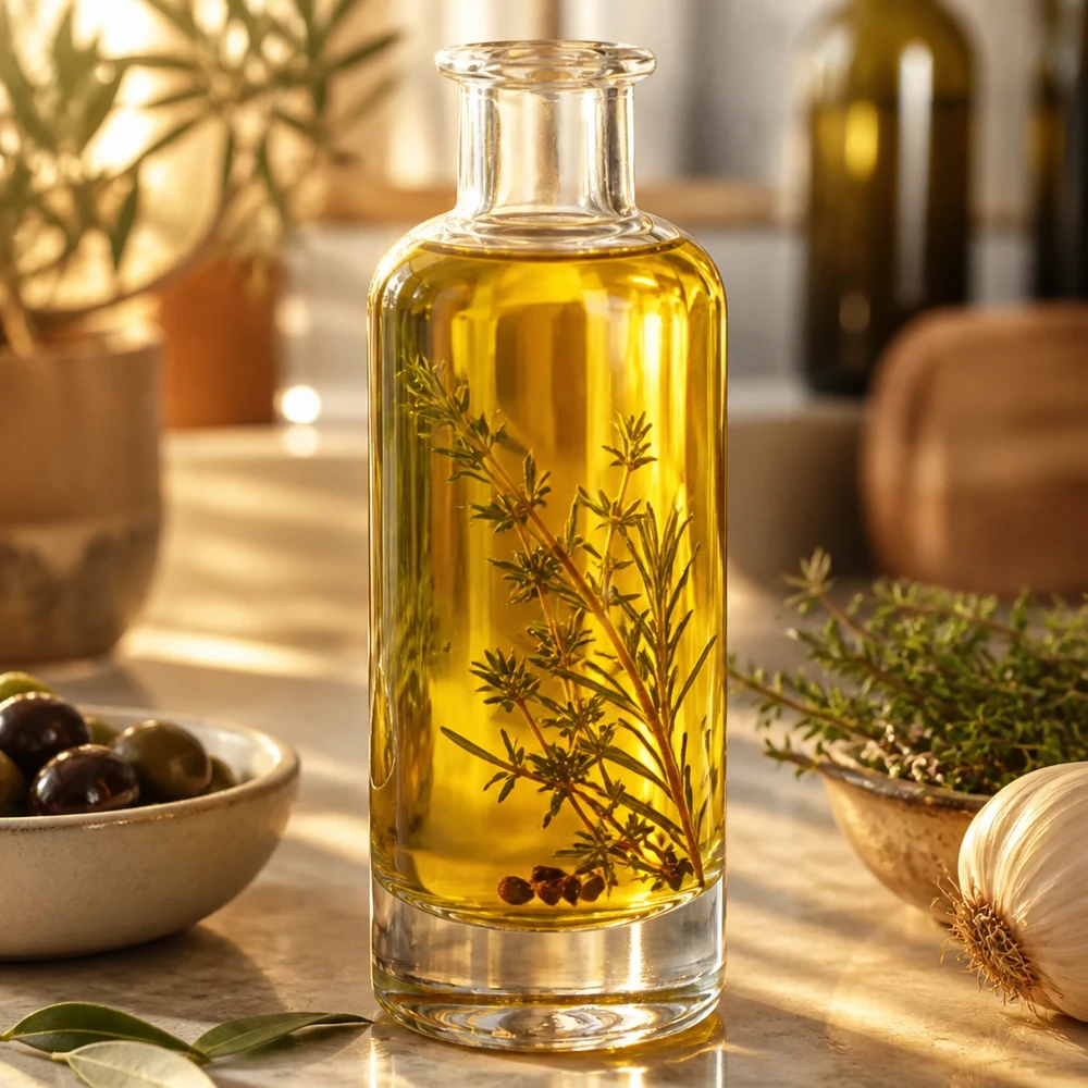 Botella de vidrio de 200 ml «Ella» sin tapón UNiTWIST® 200ml Glasflasche Ella mit Kräuteröl und Rosmarin befüllt zeigt elegante Küchennutzung für aromatisierte Öle