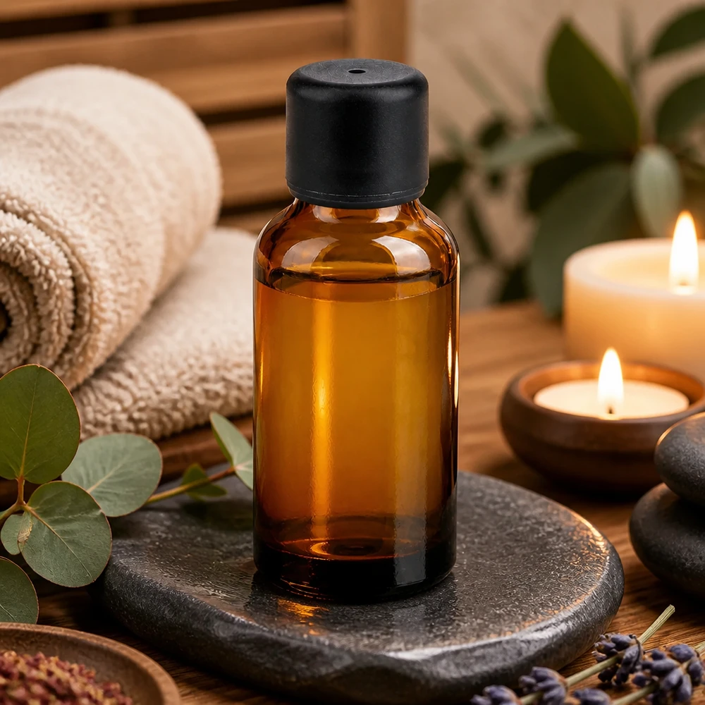 Frasco de aromaterapia de 30 ml de vidrio ámbar con protección UV y práctico tapón negro
