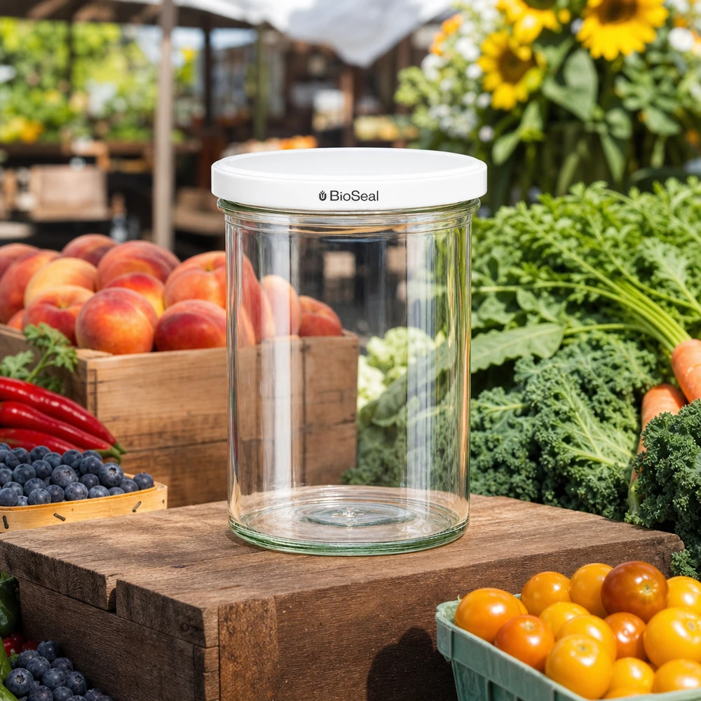 Los vasos UNiTWIST de 435 ml vacíos sobre una mesa de madera entre frutas y verduras frescas muestran su uso versátil en el jardín
