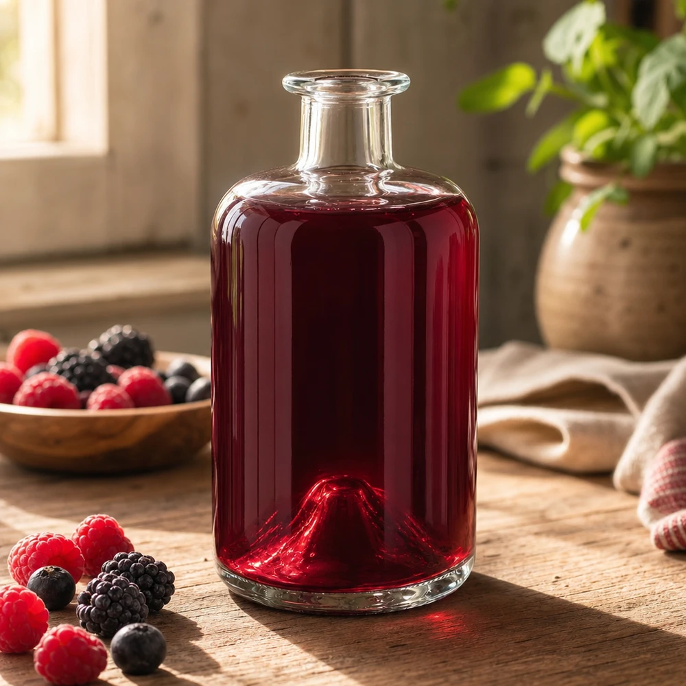 Botella de farmacia de 500 ml «500ml Glasflasche "Sofia" ohne Verschluss UNiTWIST» sin tapón UNiTWIST® 500ml Glasflasche Sofia mit rotem Beerensaft befüllt Himbeeren Brombeeren dekorative Küchendeko Apothekerflasche