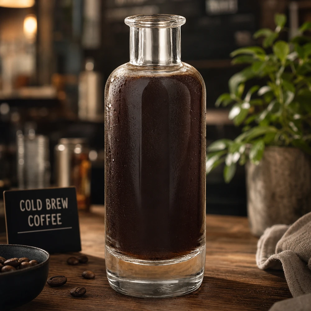 Botella de vidrio de 200 ml «Ella» sin tapón UNiTWIST® Botella de cristal de 200 ml Ella llena de café cold brew en un ambiente de cafetería muestra el uso para bebidas de café