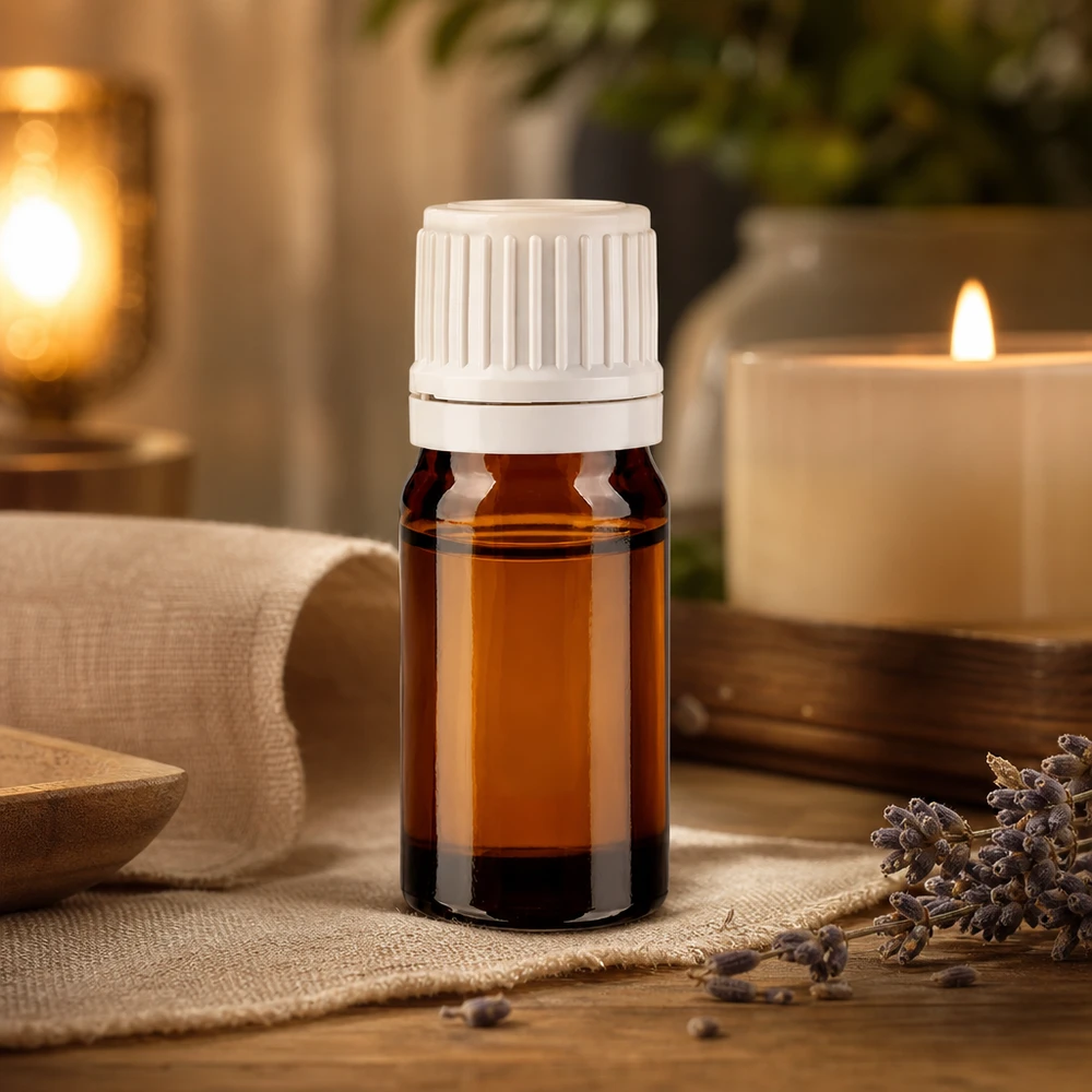 Frasco miniatura de vidrio ámbar de 5 ml con tapón de rosca blanco para cosmética natural y bienestar