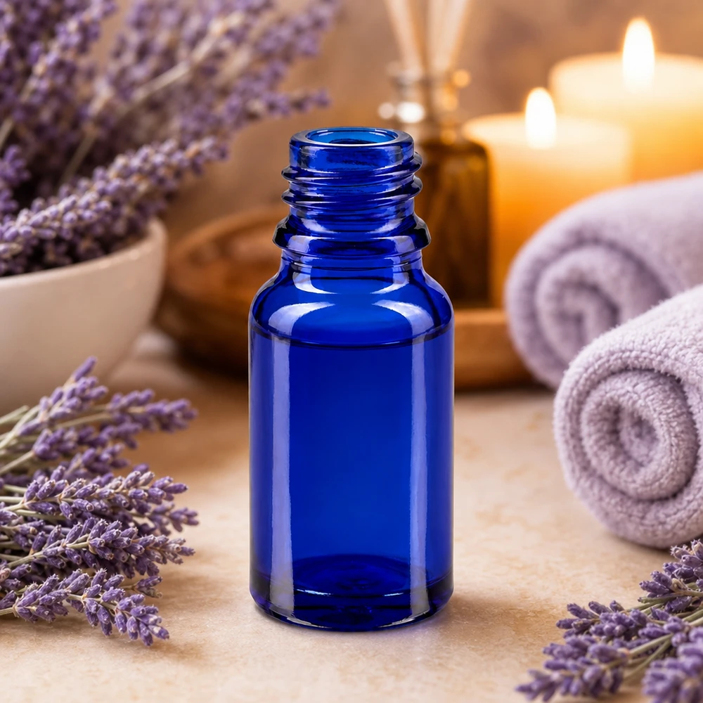 Frasco boticario azul de 10 ml con rosca para aceites esenciales y gotas de vidrio resistente