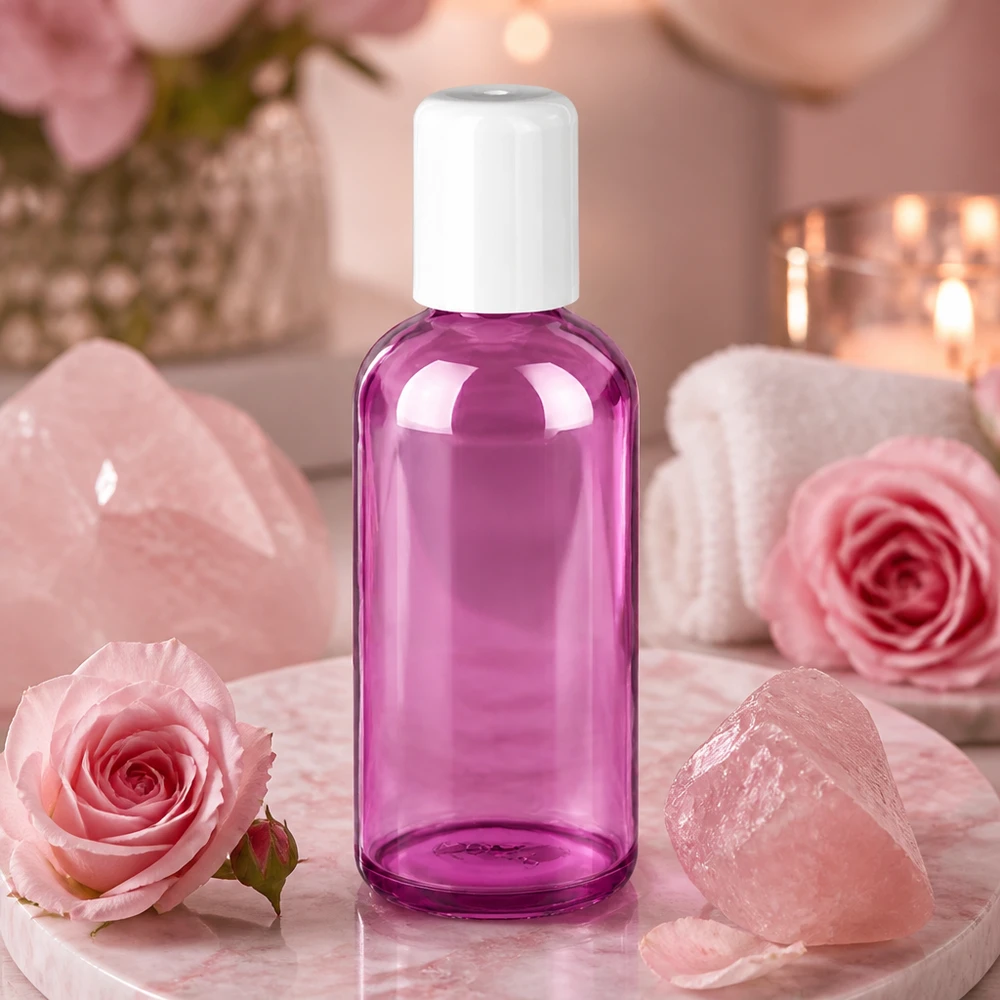 Frasco roll-on transparente de 100 ml con tinte morado y práctico tapón roll-on