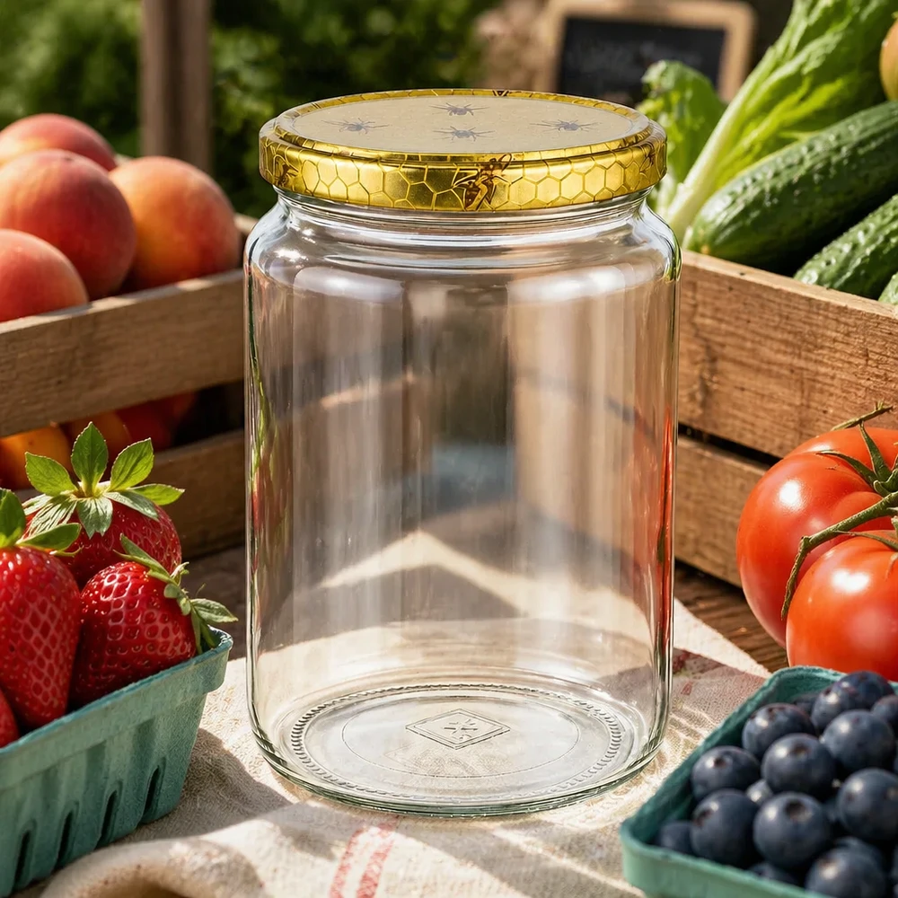 Tarro de miel de 1000 g con tapa de panal rodeado de frutas y verduras frescas en cajas de madera escena de mercado rústico