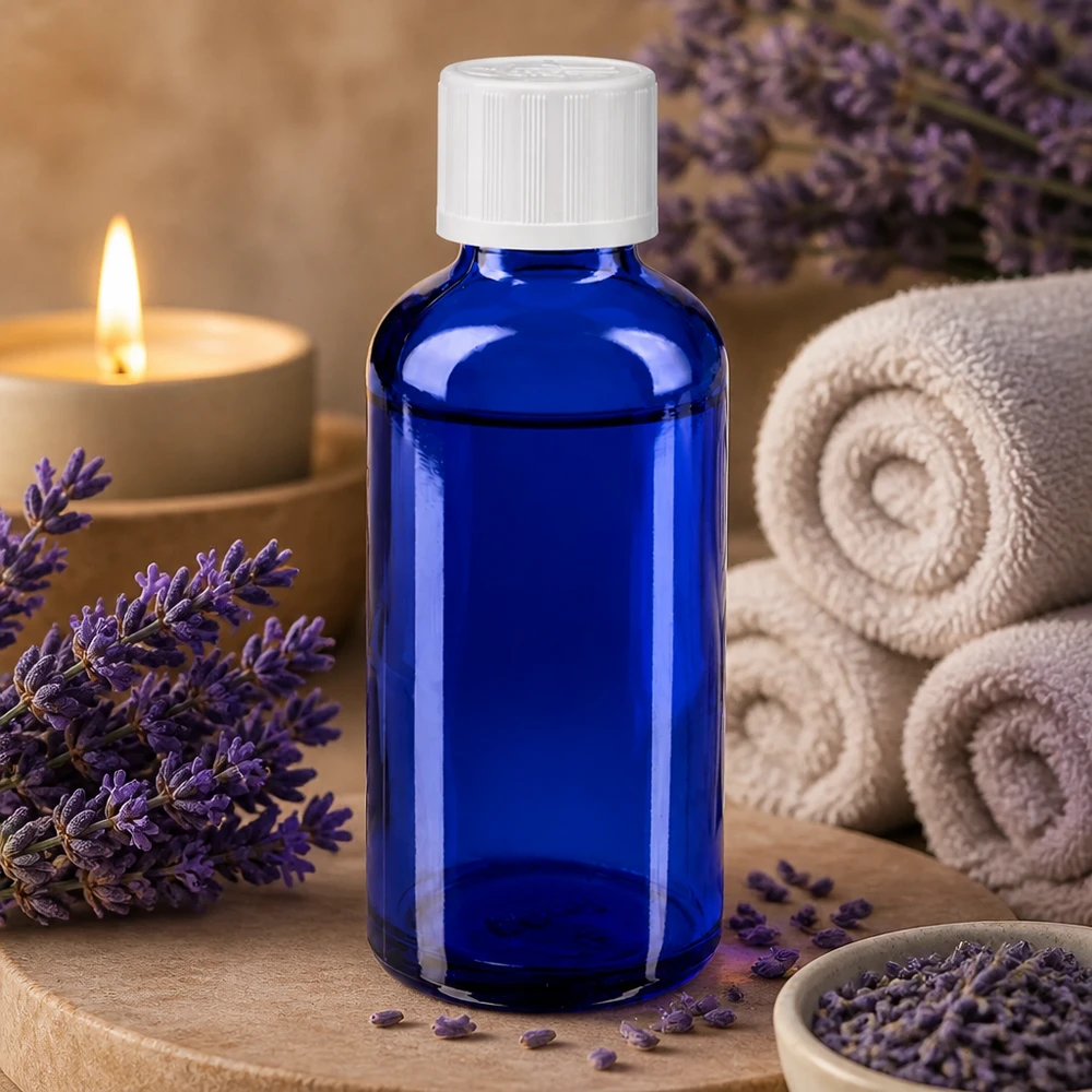 Frasco de cristal azul de 50 ml con gotero, entre flores de lavanda y una vela, en un entorno de spa
