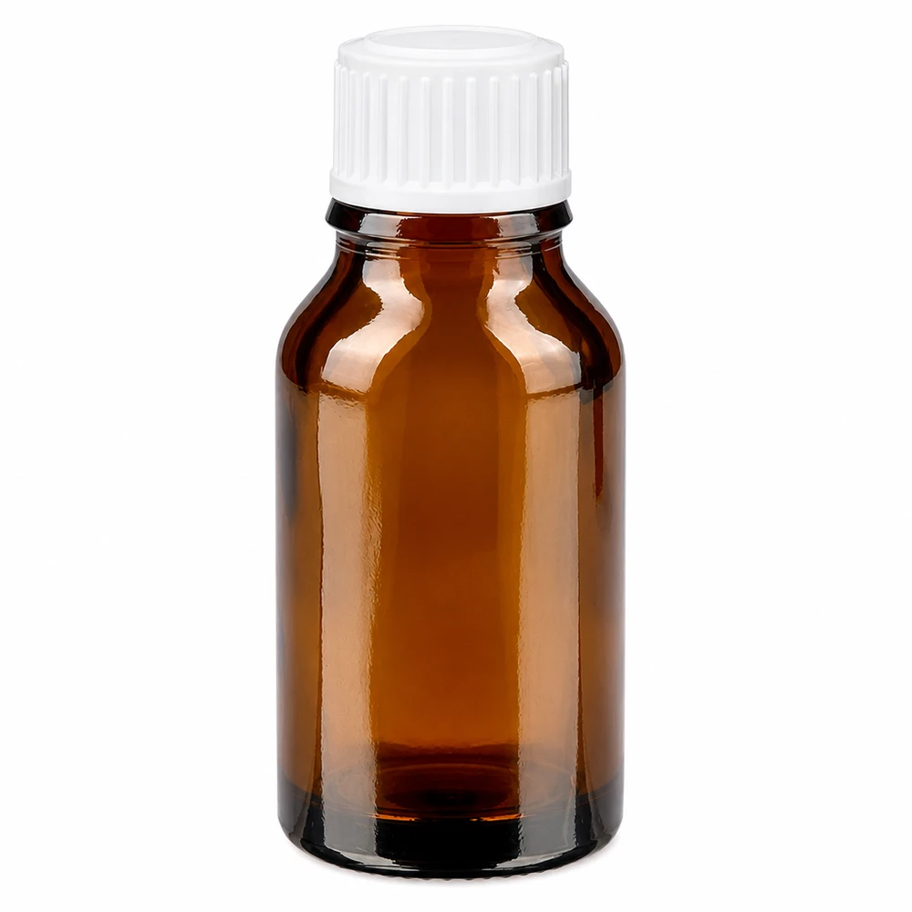 Frasco de farmacia de cristal marrón de 15 ml con tapón de rosca blanco