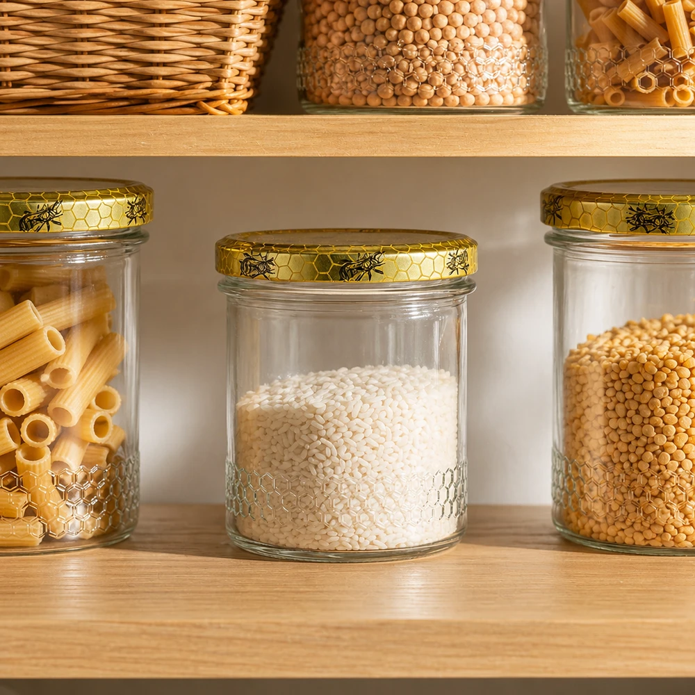 Tarro para miel de 560 g con tapa con diseño de panal BasicSeal UNiTWIST Tarro de miel de 400 ml con tapa de panal en la cocina despensa organizada, organización de la despensa con pasta y cereales