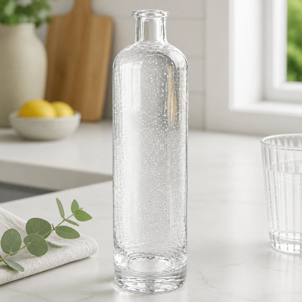 Botella de vidrio de 500 ml «Ella» sin tapón UNiTWIST® 500ml Glasflasche Ella mit Sprudelwasser gefüllt elegante Küchenszene Bubbles sichtbar stilvolle Tischdekoration