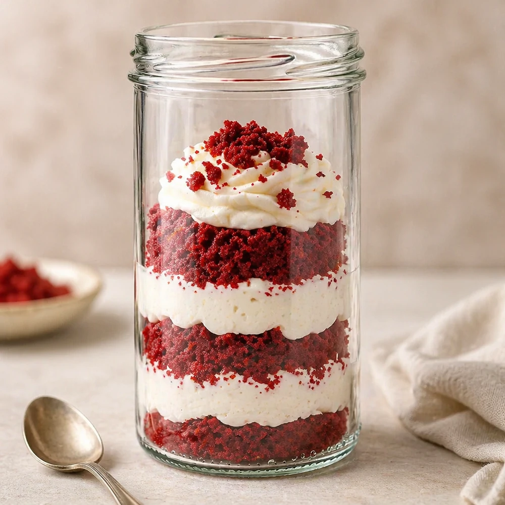Postre de terciopelo rojo en un vaso UNiTWIST de 277 ml con nata y virutas rojas dispuestas en capas