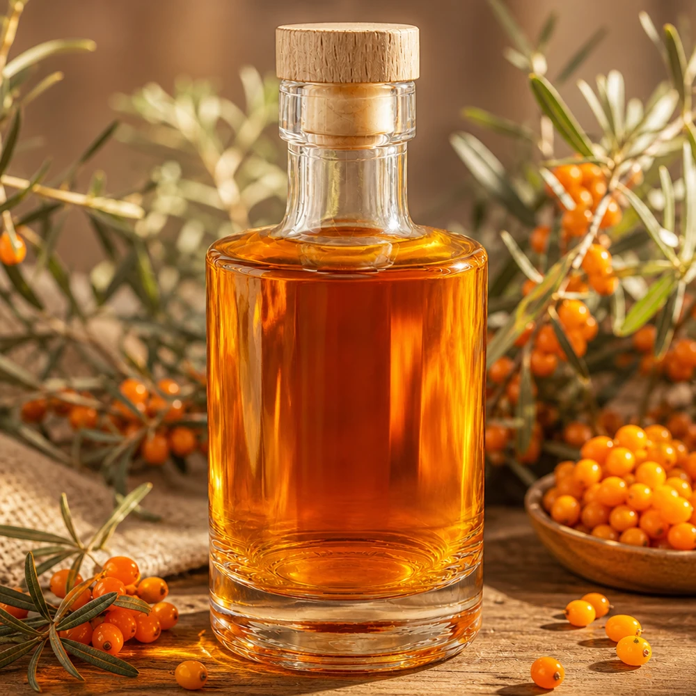 Botella de vidrio de 200 ml Marie rellena de aceite de espino amarillo, tapón de corcho de madera, decoración natural con bayas de espino amarillo y ramitas