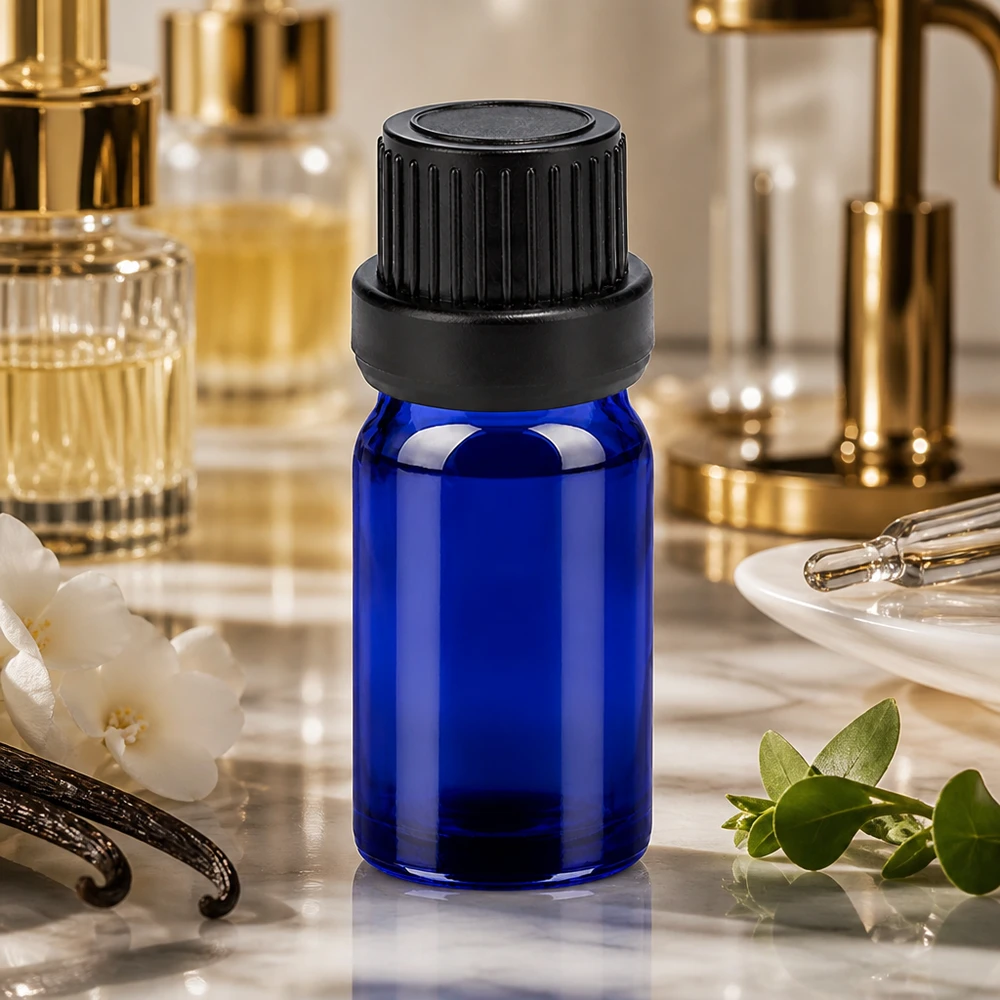 Frasco de cristal azul de 5 ml con tapón negro ideal para perfumes y aceites de fragancias UT18/5